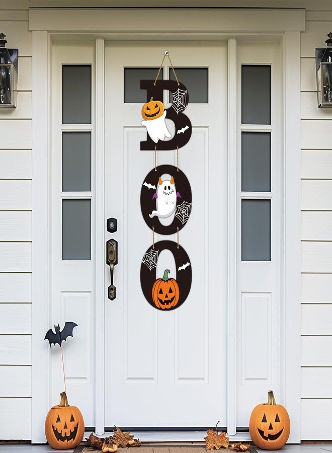 YUNKKIN Halloween Door Decorations Halloween Wreath Cute Ghost Decor Pumpkin Boo Sign Bat Spider Web Wooden Front Door Hanger Ghost Pumpkin Hanging Sign Wreath for Wall Indoor Home Decor - Image 3